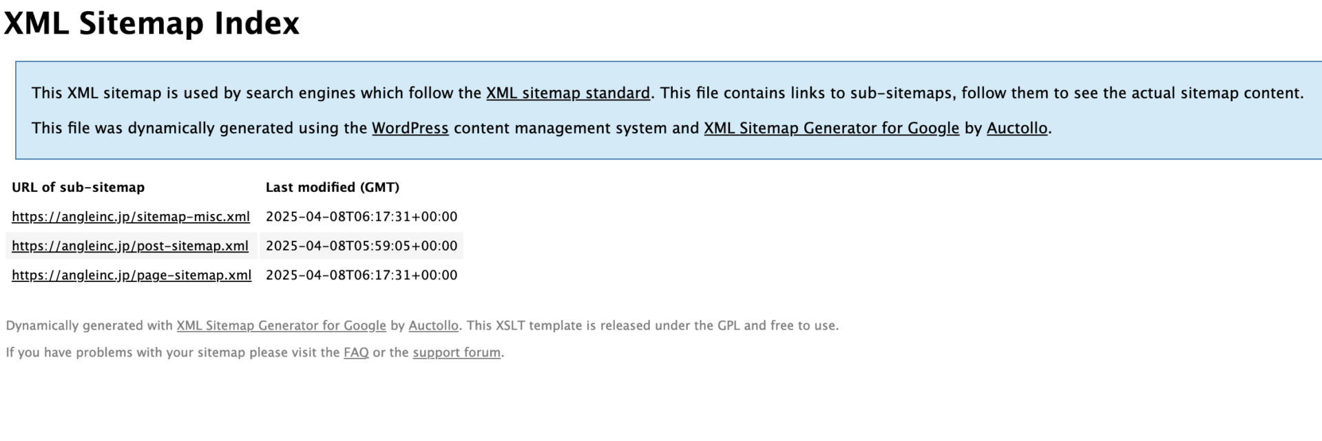 XML Sitemaps Generator for Googleで生成したサイトマップの表示例